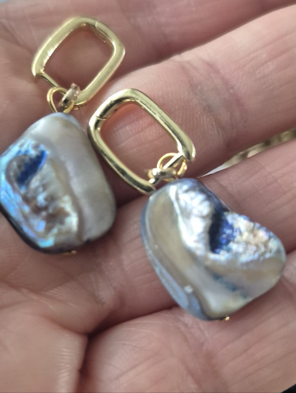 18k Gold Plated Hoop Earrings with Blue Mother Of Pearl Chunkie Drop . New Item - Picture 3 of 5